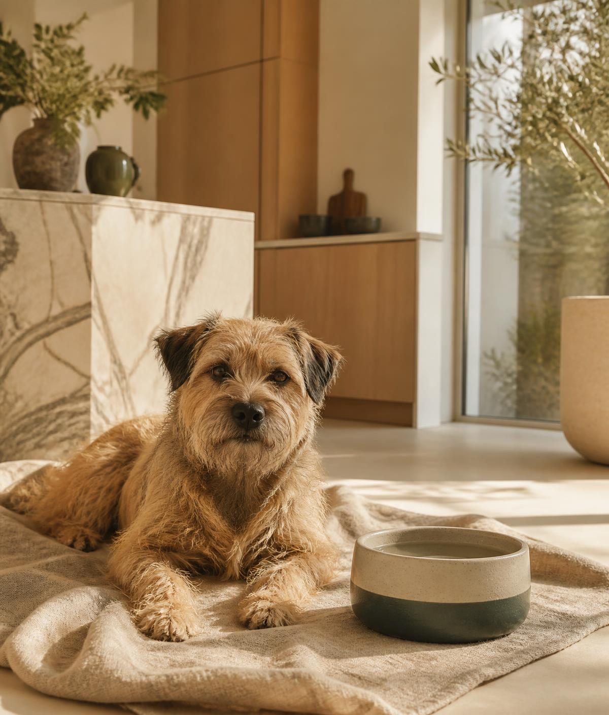 Terrier resting on a linen blanket beside a green stoneware bowl in a sunlit kitchen