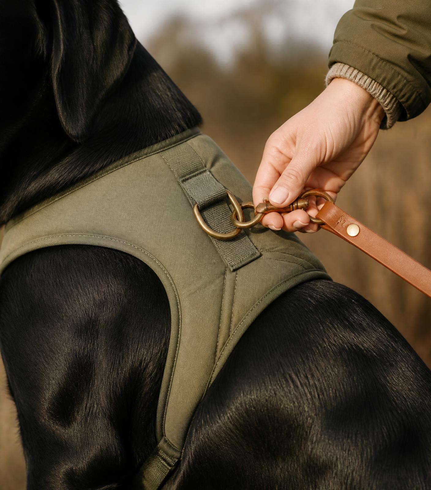 Close-up of a labrador wearing a sage green harness with a tan leather lead being clipped on