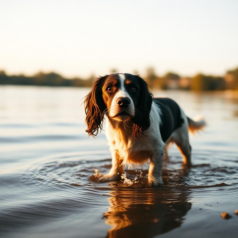 Spaniel standing in shallow lake water at golden hour