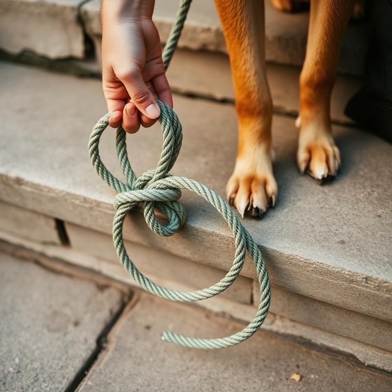 Hand holding a coiled sage rope lead beside a dog's paws