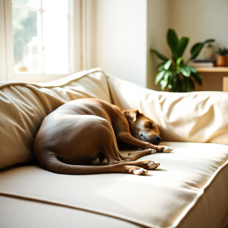 Whippet asleep on a linen sofa in soft daylight