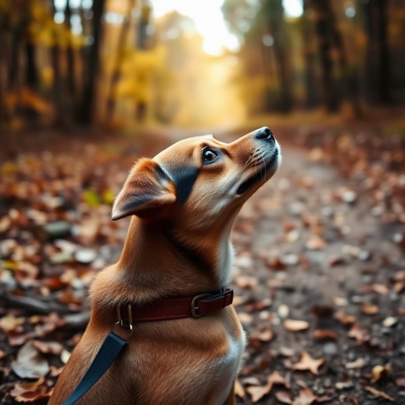 Small dog looking up at its owner on a woodland trail