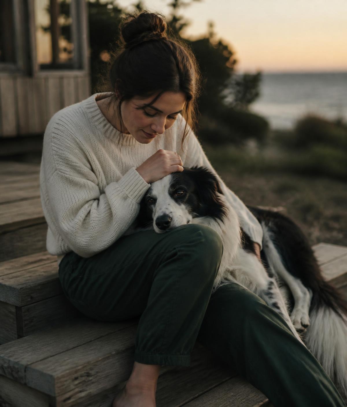 Woman sitting on wooden steps at dusk with a border collie resting against her