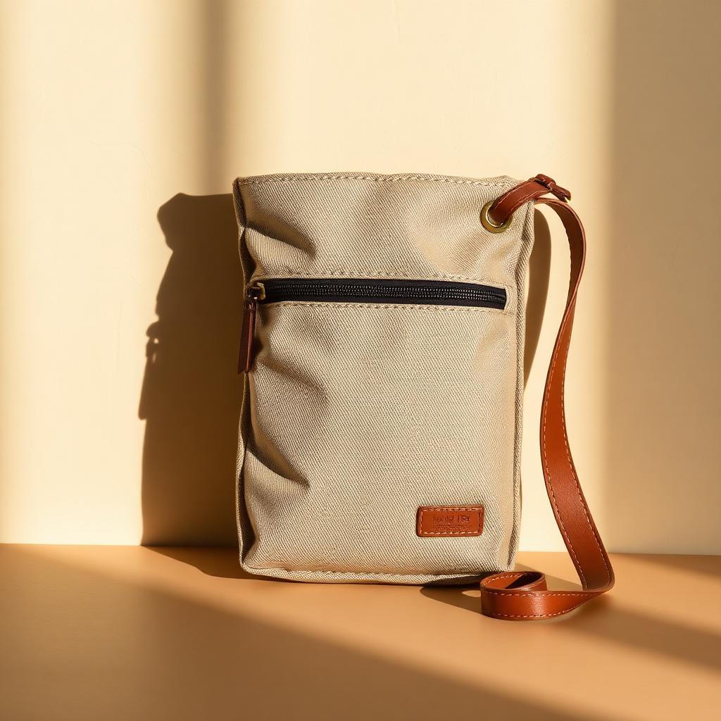 Oat canvas dog walking pouch with tan leather strap