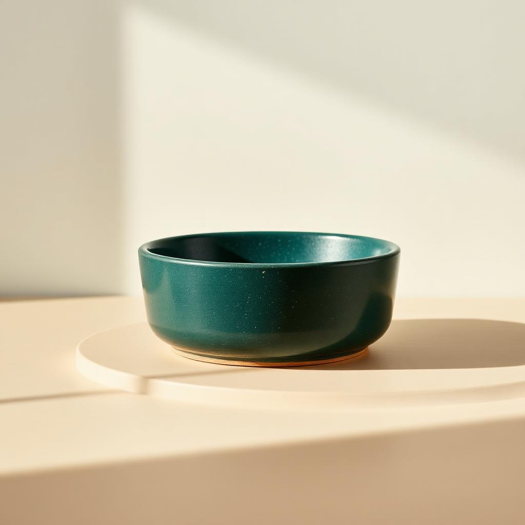 Deep green speckled stoneware dog bowl on a cream surface