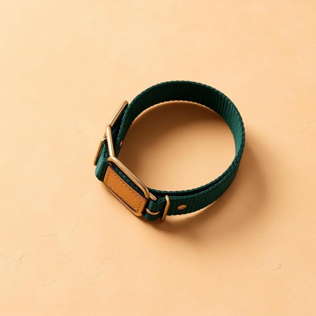 Forest green webbing dog collar with brass buckle and leather keeper