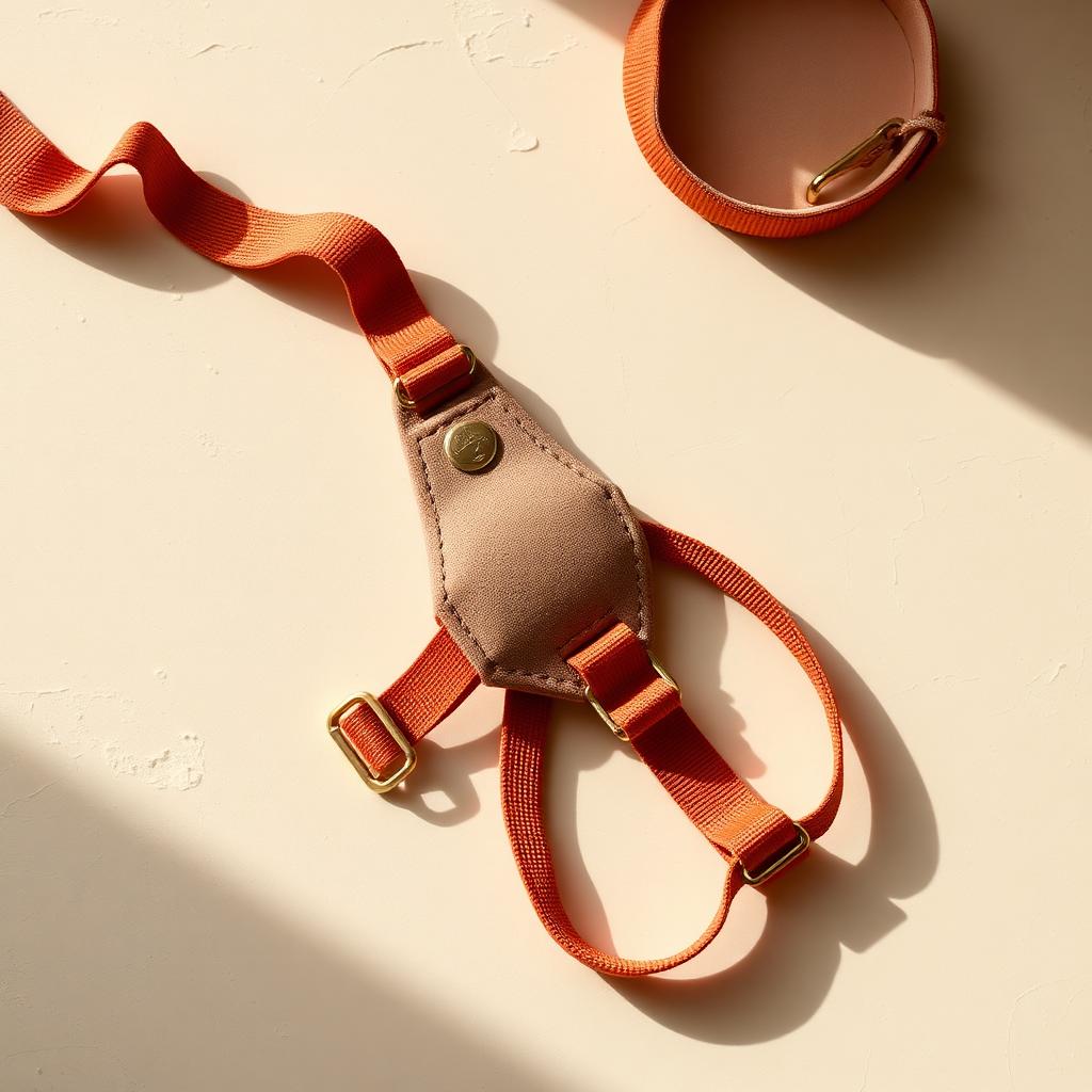 Terracotta padded dog harness with brass buckles laid flat
