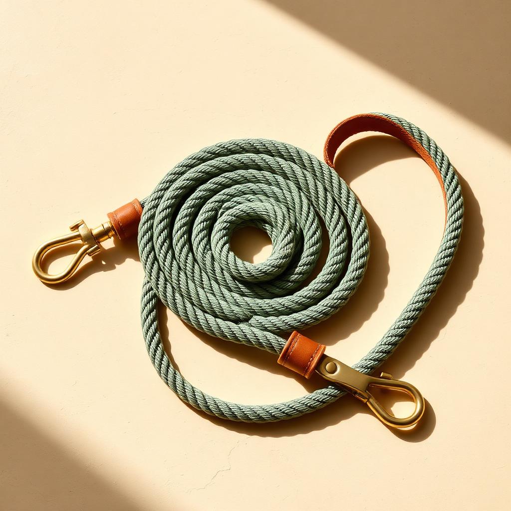 Sage green braided rope dog lead with tan leather trim and brass clip