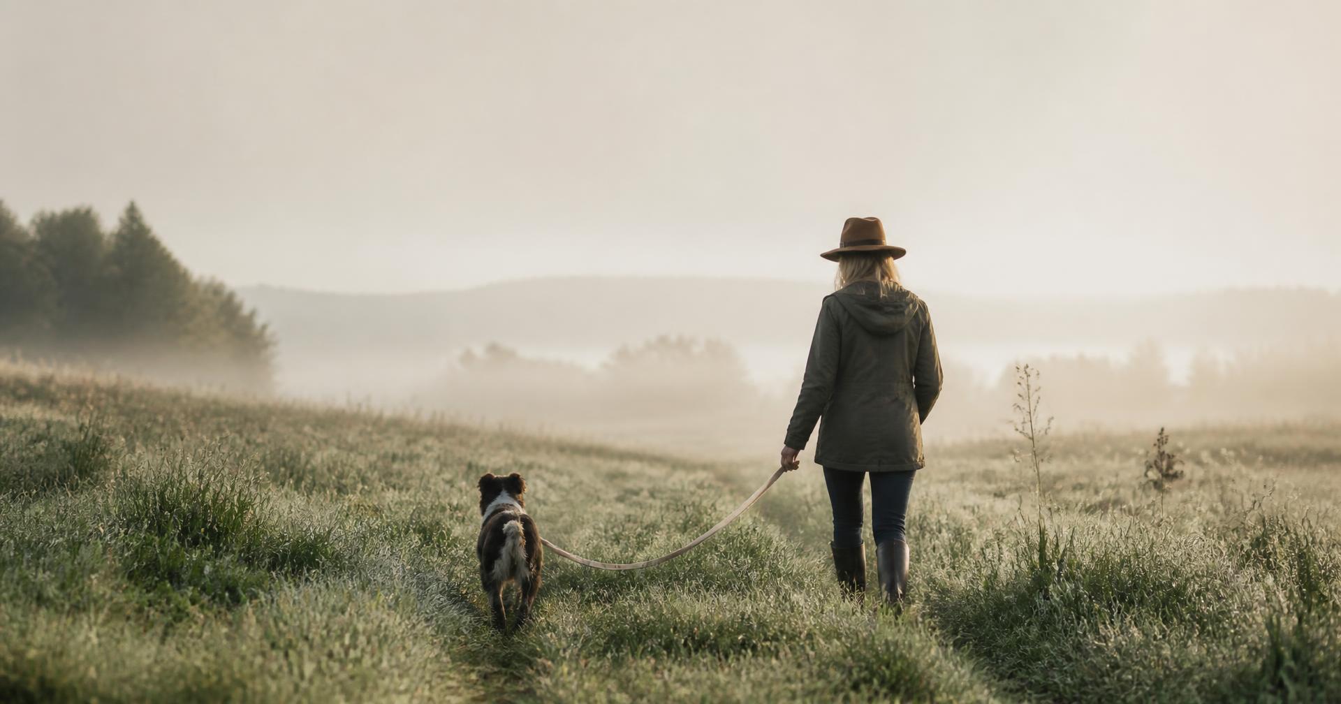 Owner and dog walking through a misty morning meadow on a long lead